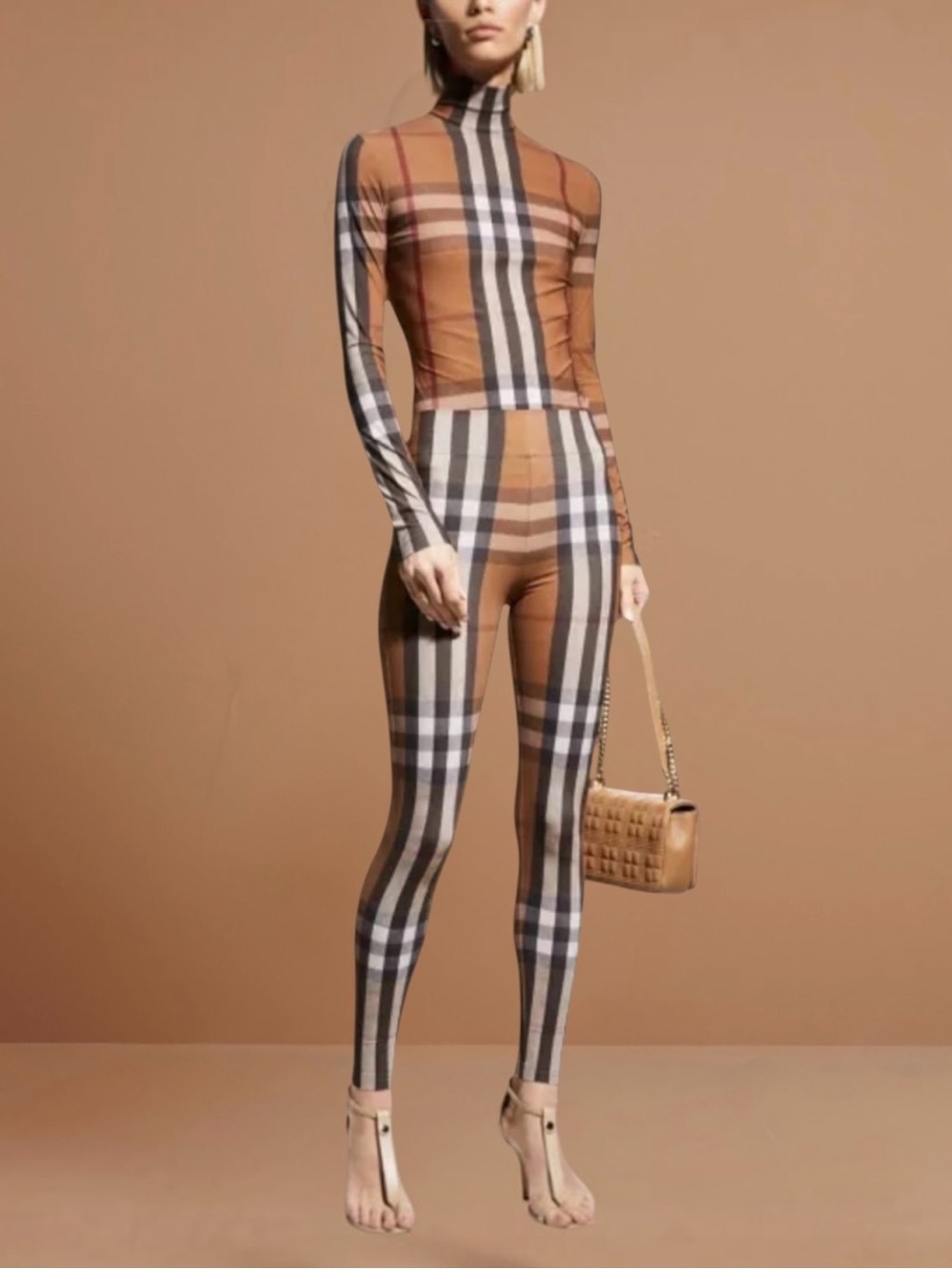 New! BURBERRY BROWN MADDEN CHECK HIGH WAISTED LEGGINGS SIZE XS